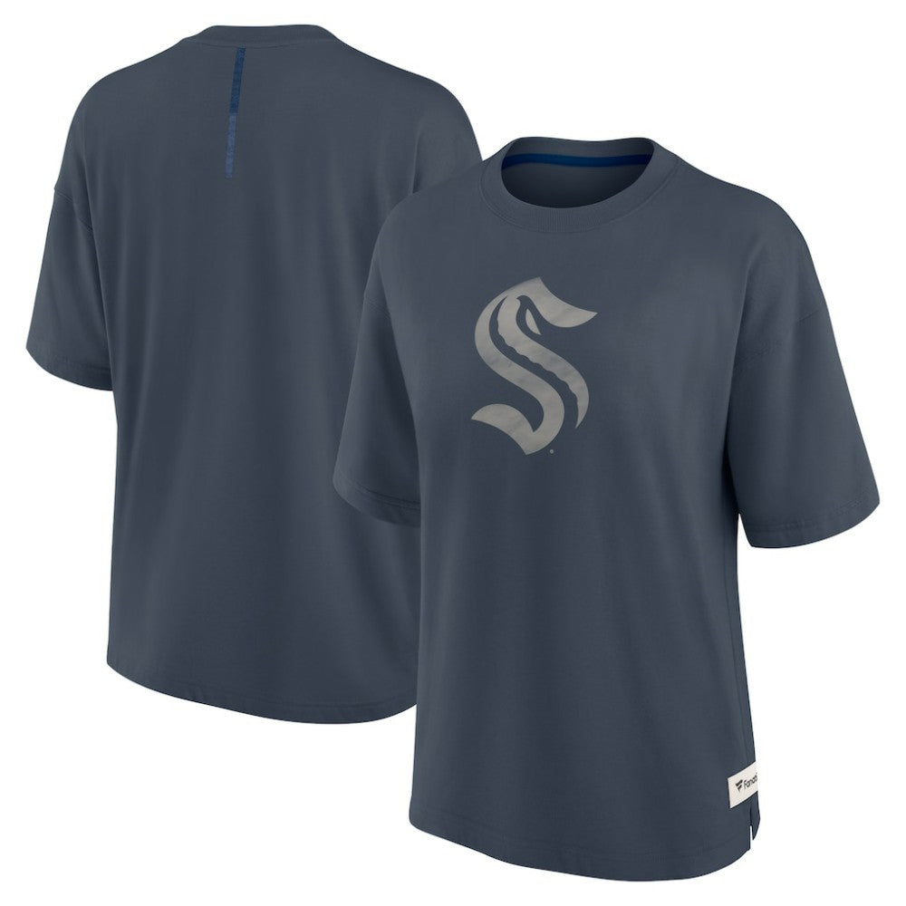 Seattle Kraken Fanatics Women's Oversized Elements Raw Edge Future Ground T-Shirt Blue