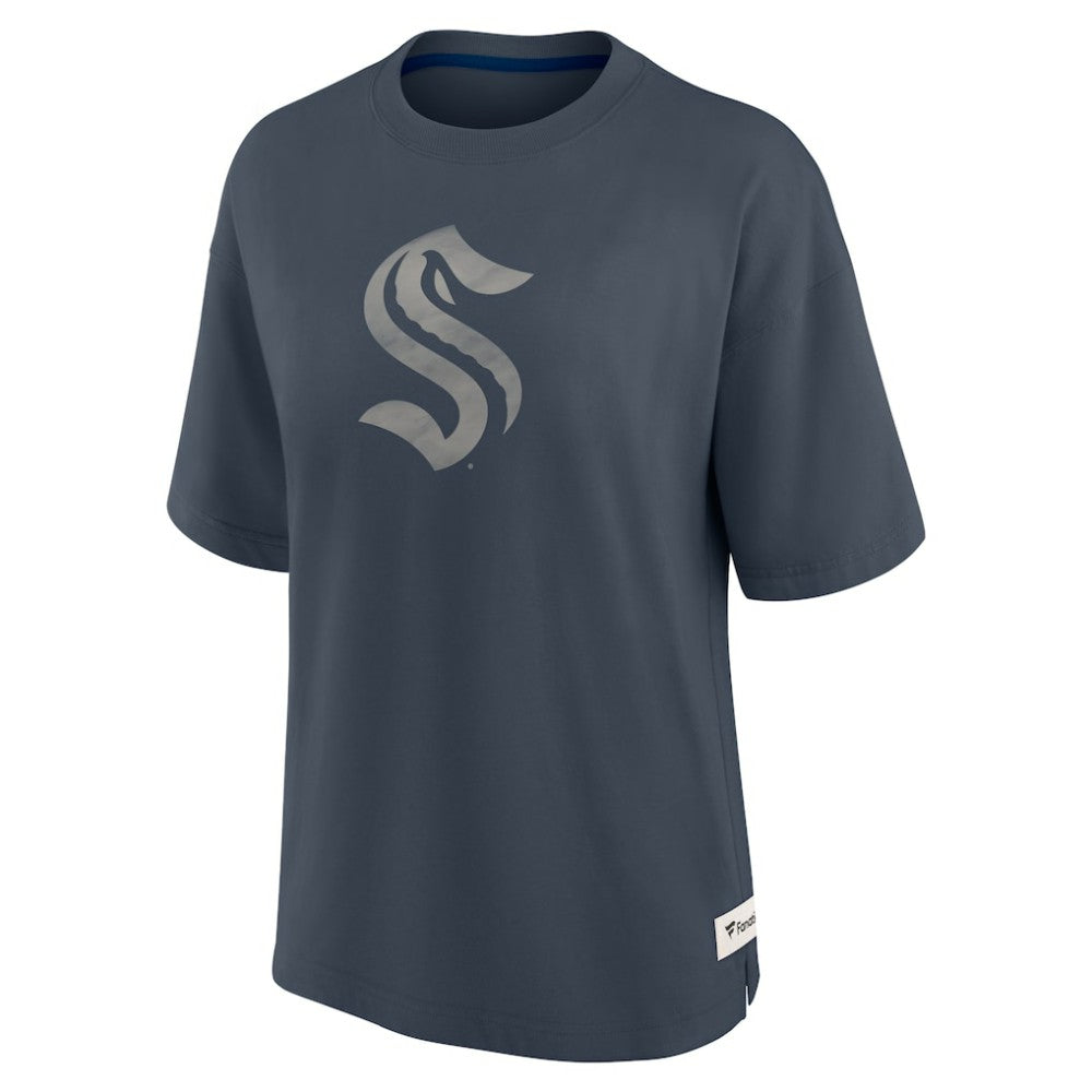 Seattle Kraken Fanatics Women's Oversized Elements Raw Edge Future Ground T-Shirt Blue