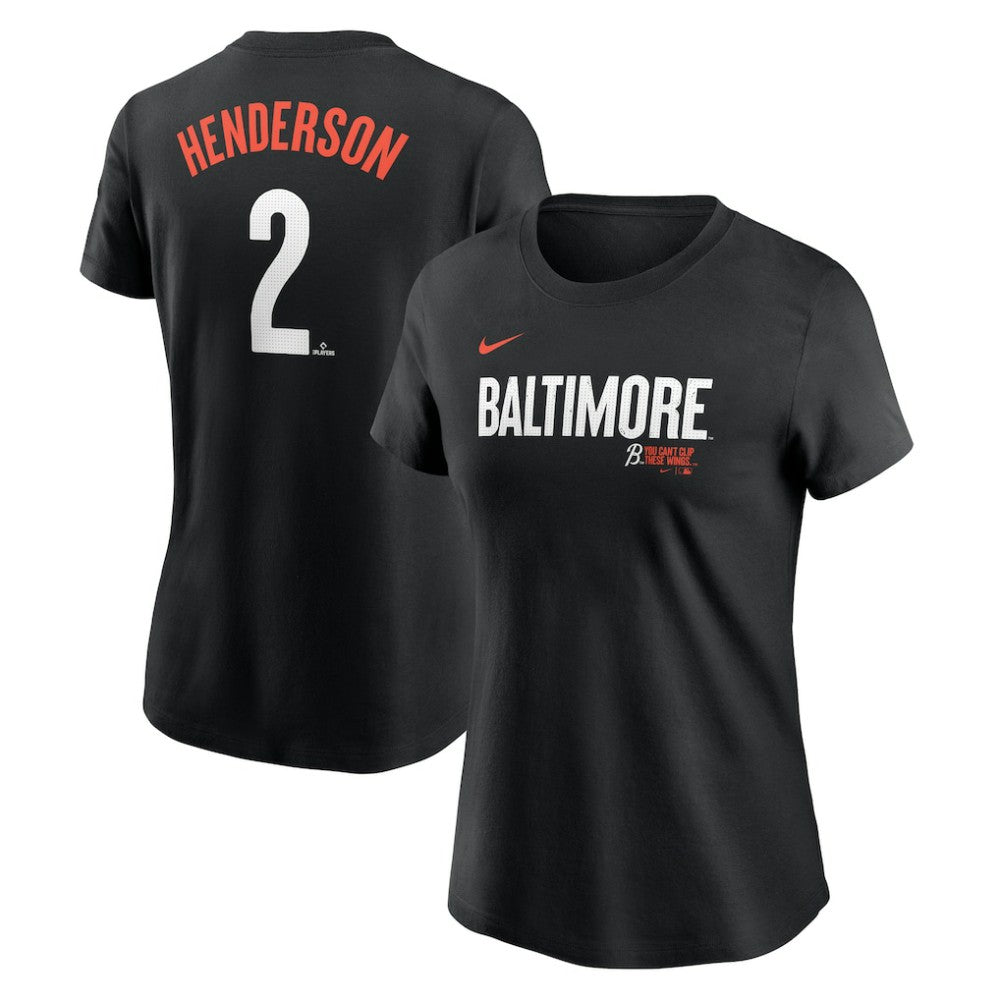 Gunnar Henderson Baltimore Orioles Women's 2024 City Connect Fuse Player Name & Number T-Shirt Black | Nike