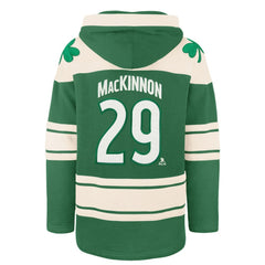 Nathan MacKinnon Colorado Avalanche '47 St. Patrick's Day Player Name & Number Lacer Pullover Hoodie Kelly Green