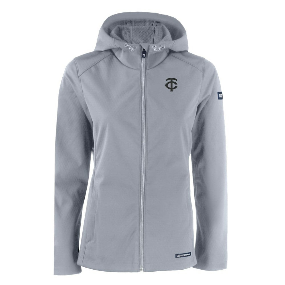 Minnesota Twins Cutter & Buck Women's Evoke Eco Softshell Recycled Full-Zip Hoodie Jacket Gray