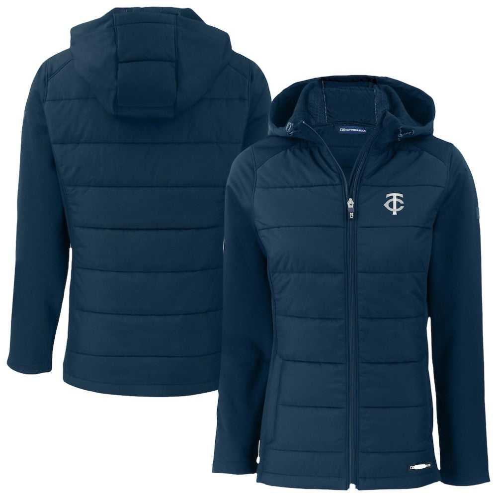 Minnesota Twins Cutter & Buck Women's Evoke Hybrid Eco Softshell Recycled Full-Zip Hooded Jacket Navy