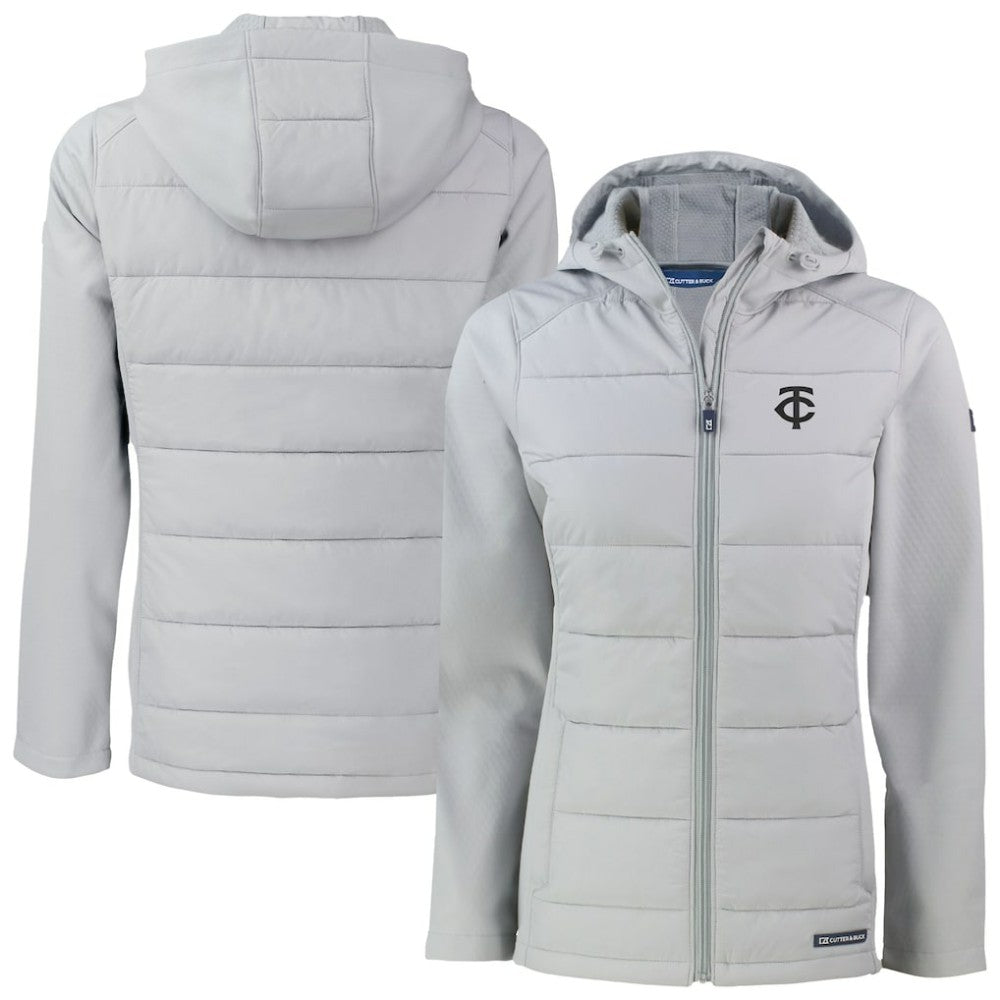 Minnesota Twins Cutter & Buck Women's Evoke Hybrid Eco Softshell Recycled Full-Zip Hooded Jacket Gray