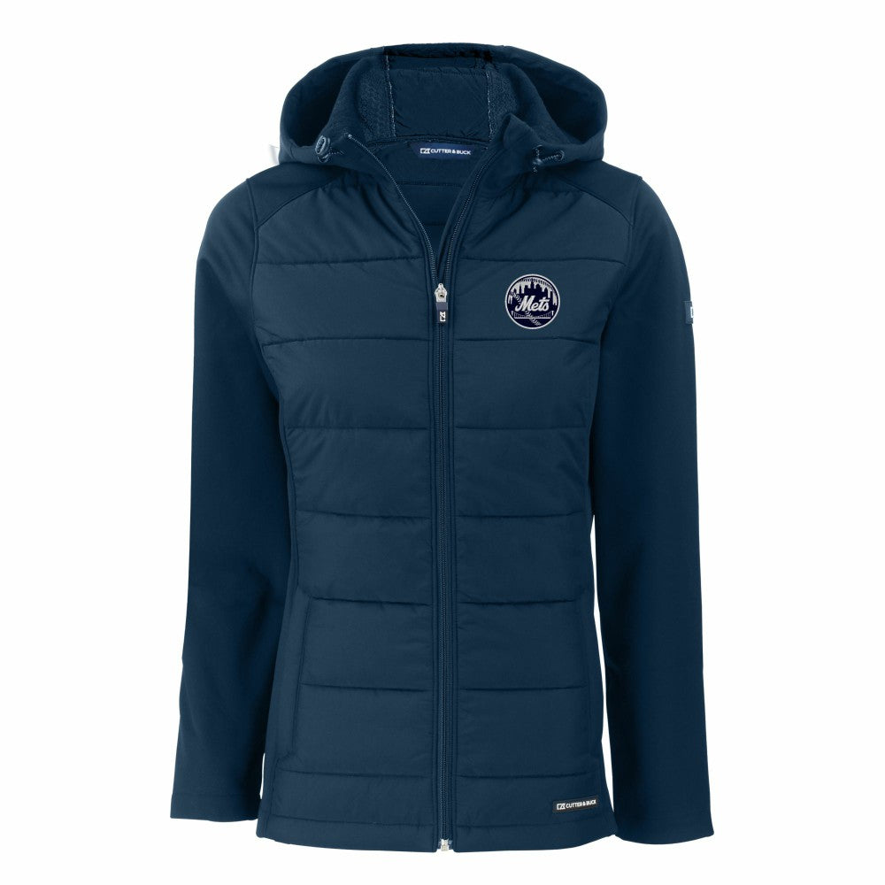 New York Mets Cutter & Buck Women's Evoke Hybrid Eco Softshell Recycled Full-Zip Hooded Jacket Navy