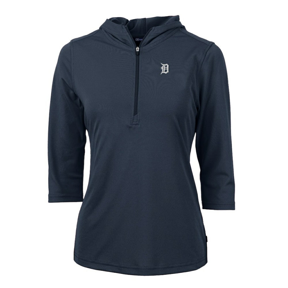 Detroit Tigers Cutter & Buck Women's Virtue Eco Pique Half-Zip 3/4 Sleeve Pullover Hoodie Navy