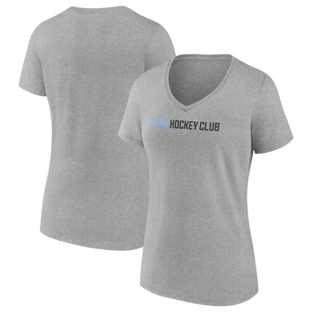 Utah Mammoth Fanatics Women's Wordmark Logo V-Neck T-Shirt Heather Gray