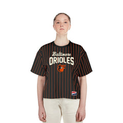 Baltimore Orioles Women's Cooperstown Collection Multiplier Pinstripe Cropped T-Shirt Black | New Era