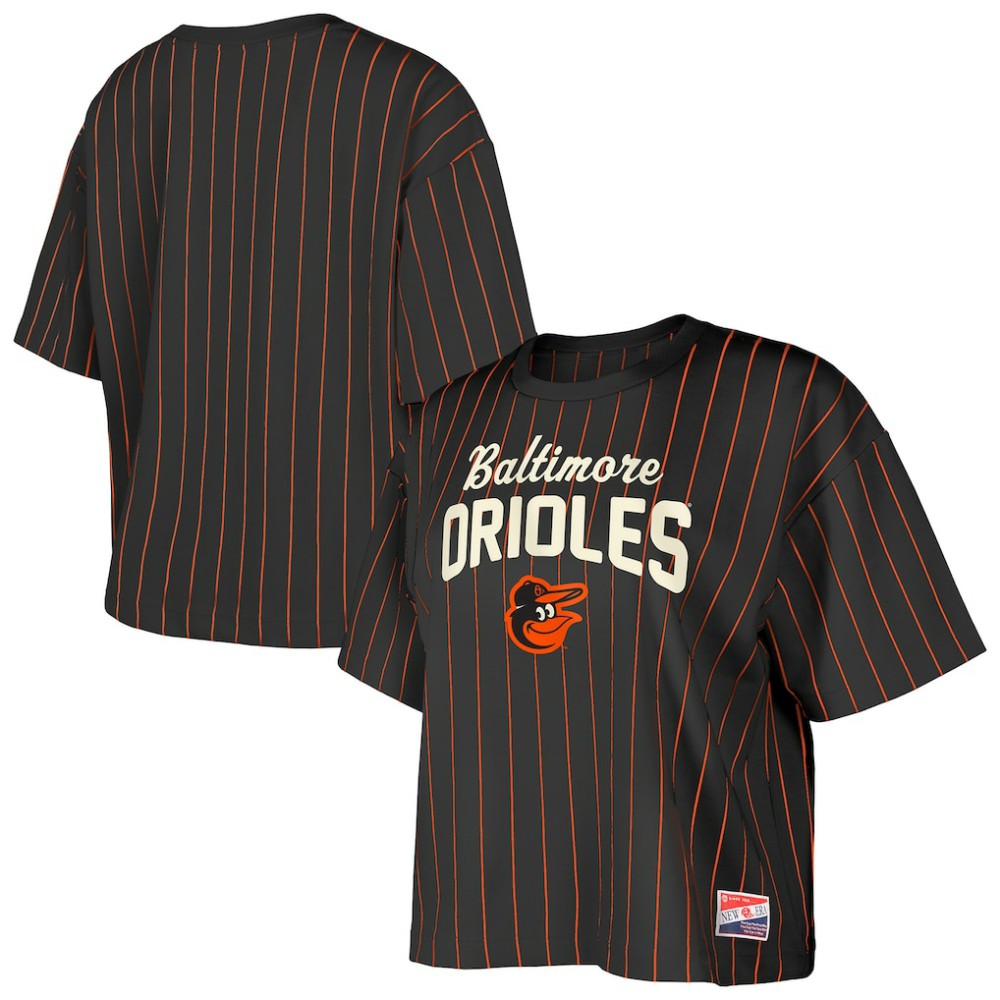 Baltimore Orioles Women's Cooperstown Collection Multiplier Pinstripe Cropped T-Shirt Black | New Era