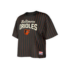 Baltimore Orioles Women's Cooperstown Collection Multiplier Pinstripe Cropped T-Shirt Black | New Era