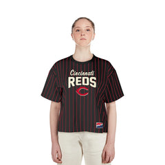 Cincinnati Reds Women's Cooperstown Collection Multiplier Pinstripe Cropped T-Shirt Black | New Era