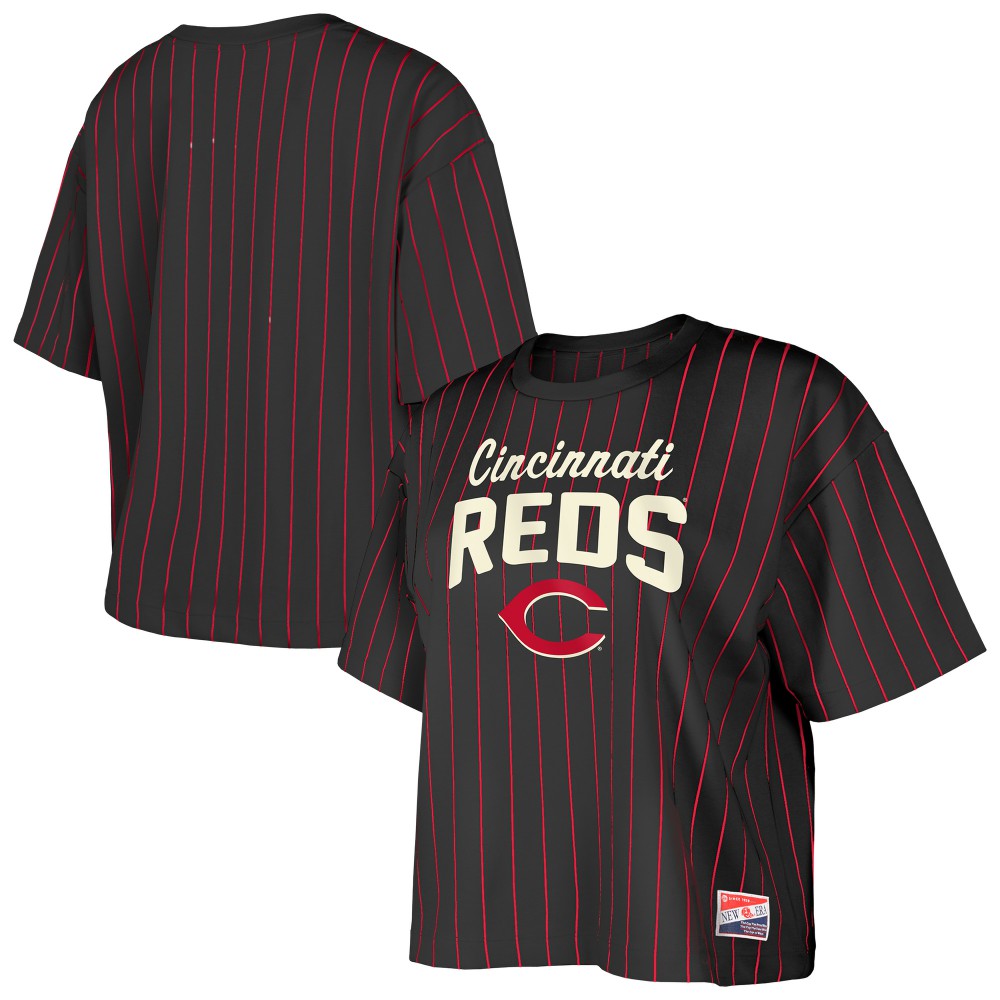 Cincinnati Reds Women's Cooperstown Collection Multiplier Pinstripe Cropped T-Shirt Black | New Era