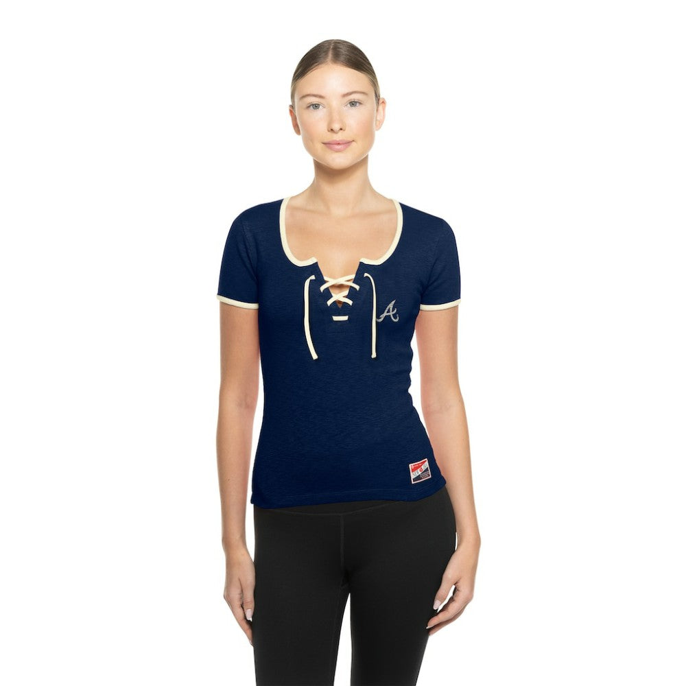 Atlanta Braves Women's Throwback Lace Up T-Shirt Navy | New Era