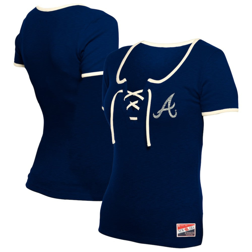 Atlanta Braves Women's Throwback Lace Up T-Shirt Navy | New Era