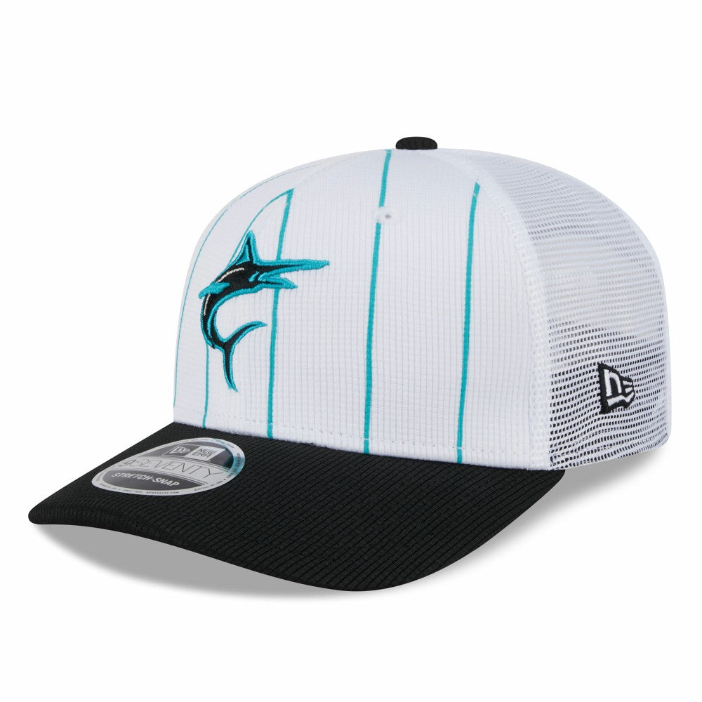 Miami Marlins 2025 Batting Practice 9SEVENTY Stretch-Snap Trucker Hat White/Black | New Era