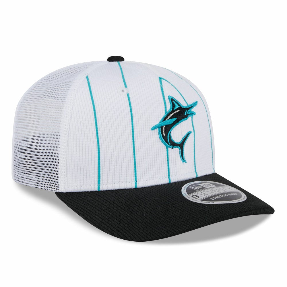 Miami Marlins 2025 Batting Practice 9SEVENTY Stretch-Snap Trucker Hat White/Black | New Era