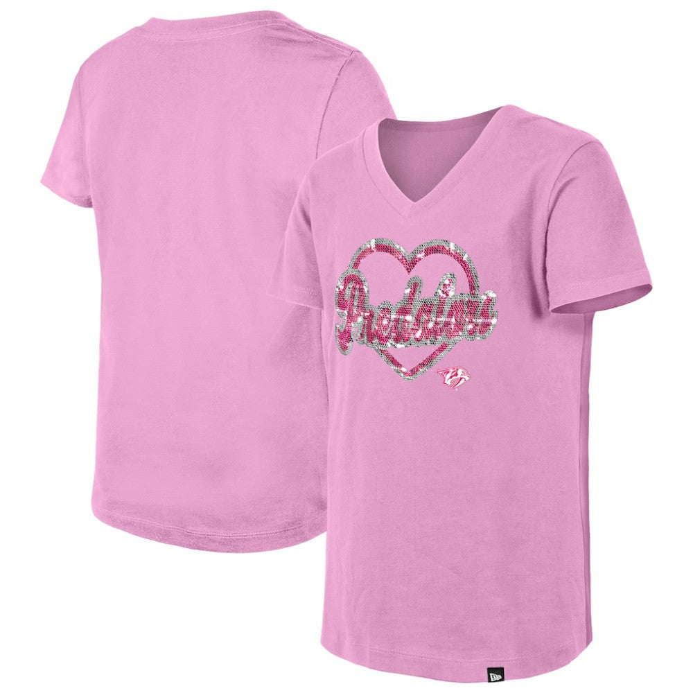 Nashville Predators New Era Girl's Youth Flip Sequin V-Neck T-Shirt Pink