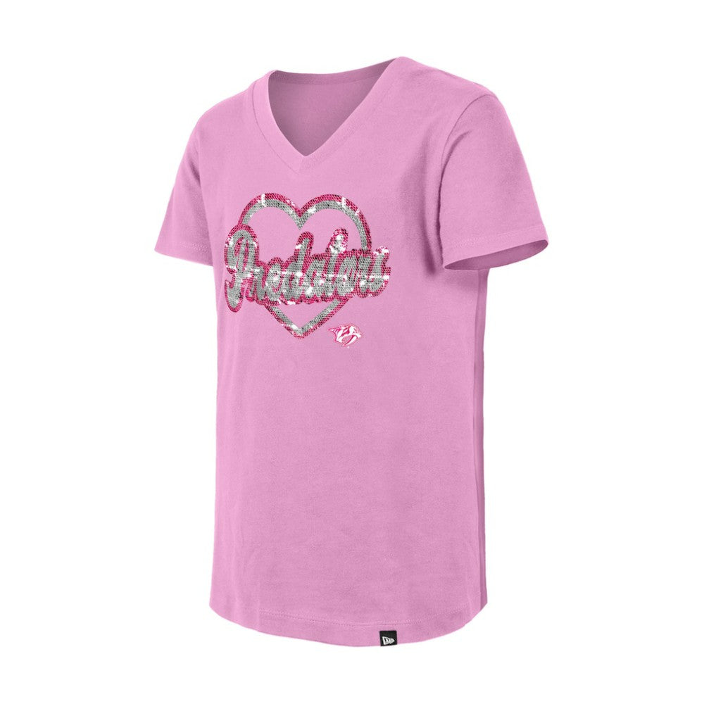 Nashville Predators New Era Girl's Youth Flip Sequin V-Neck T-Shirt Pink