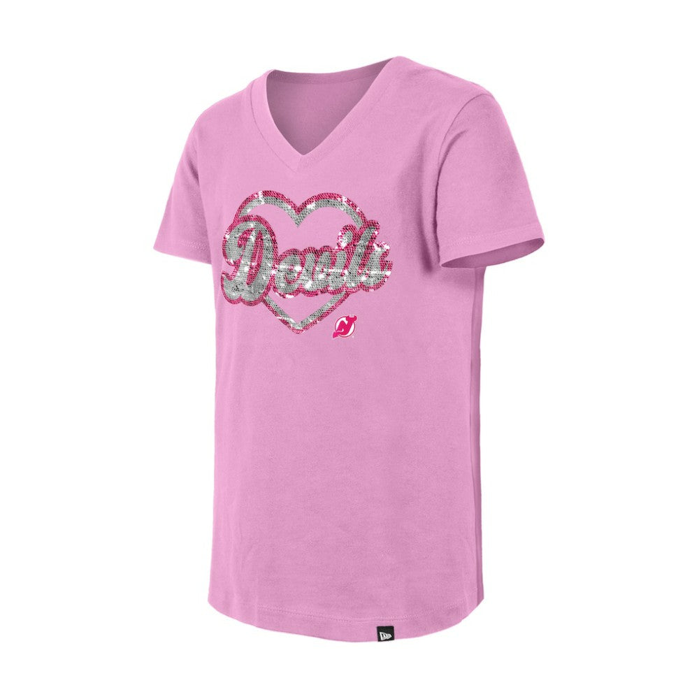 New Jersey Devils New Era Girl's Youth Flip Sequin V-Neck T-Shirt Pink