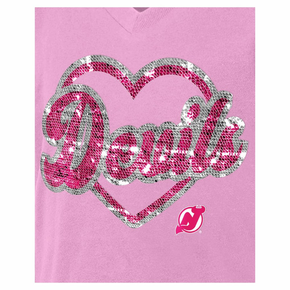 New Jersey Devils New Era Girl's Youth Flip Sequin V-Neck T-Shirt Pink