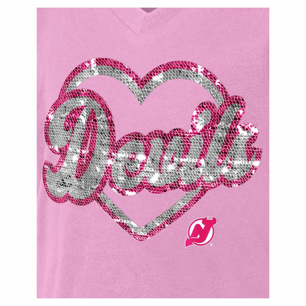 New Jersey Devils New Era Girl's Youth Flip Sequin V-Neck T-Shirt Pink