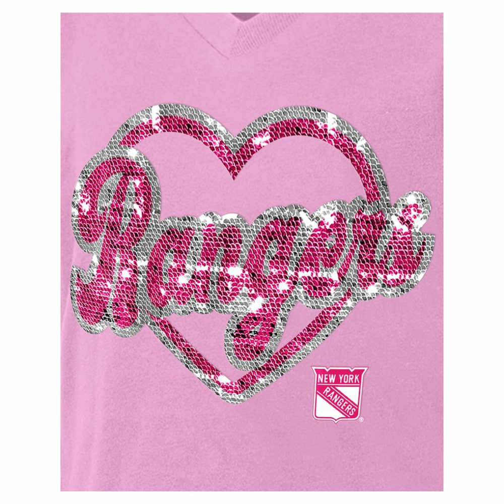 New York Rangers New Era Girl's Youth Flip Sequin V-Neck T-Shirt Pink
