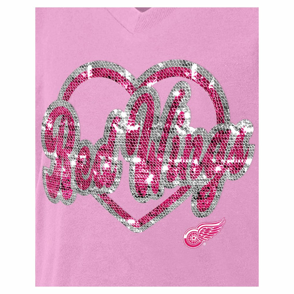 Detroit Red Wings New Era Girl's Youth Flip Sequin V-Neck T-Shirt Pink