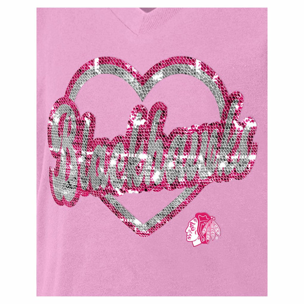 Chicago Blackhawks New Era Girl's Youth Flip Sequin V-Neck T-Shirt Pink
