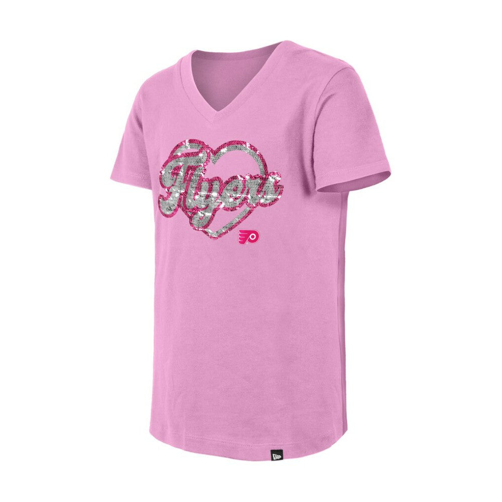 Philadelphia Flyers New Era Girl's Youth Flip Sequin V-Neck T-Shirt Pink