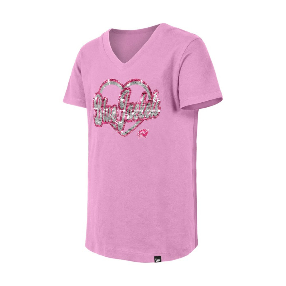 Columbus Blue Jackets New Era Girl's Youth Flip Sequin V-Neck T-Shirt Pink