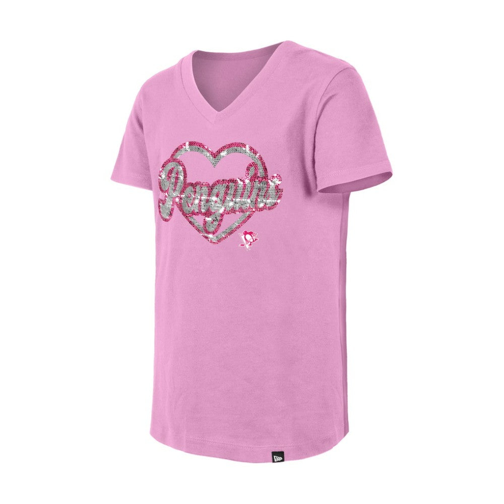 Pittsburgh Penguins New Era Girl's Youth Flip Sequin V-Neck T-Shirt Pink