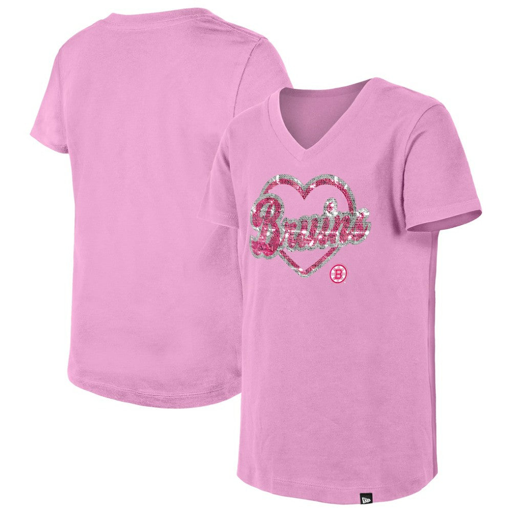 Boston Bruins New Era Girl's Youth Flip Sequin V-Neck T-Shirt Pink
