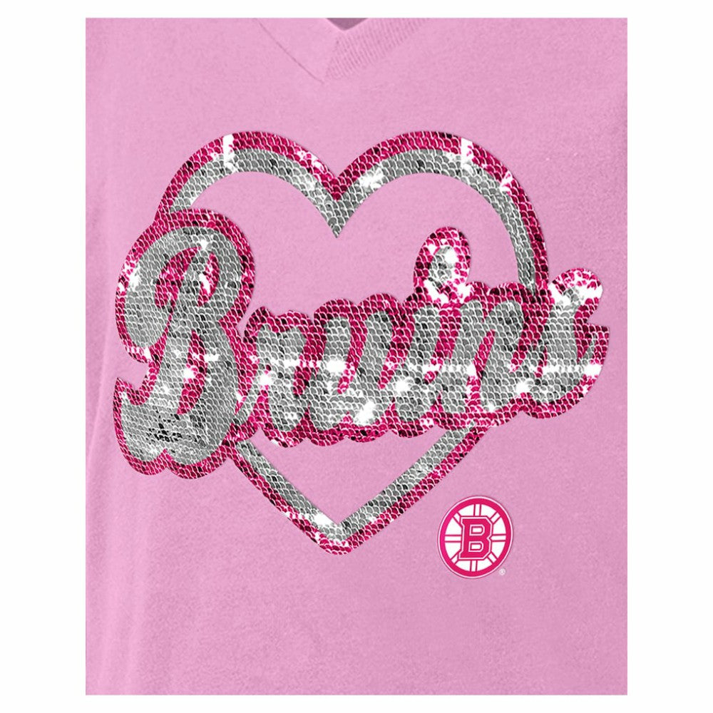 Boston Bruins New Era Girl's Youth Flip Sequin V-Neck T-Shirt Pink