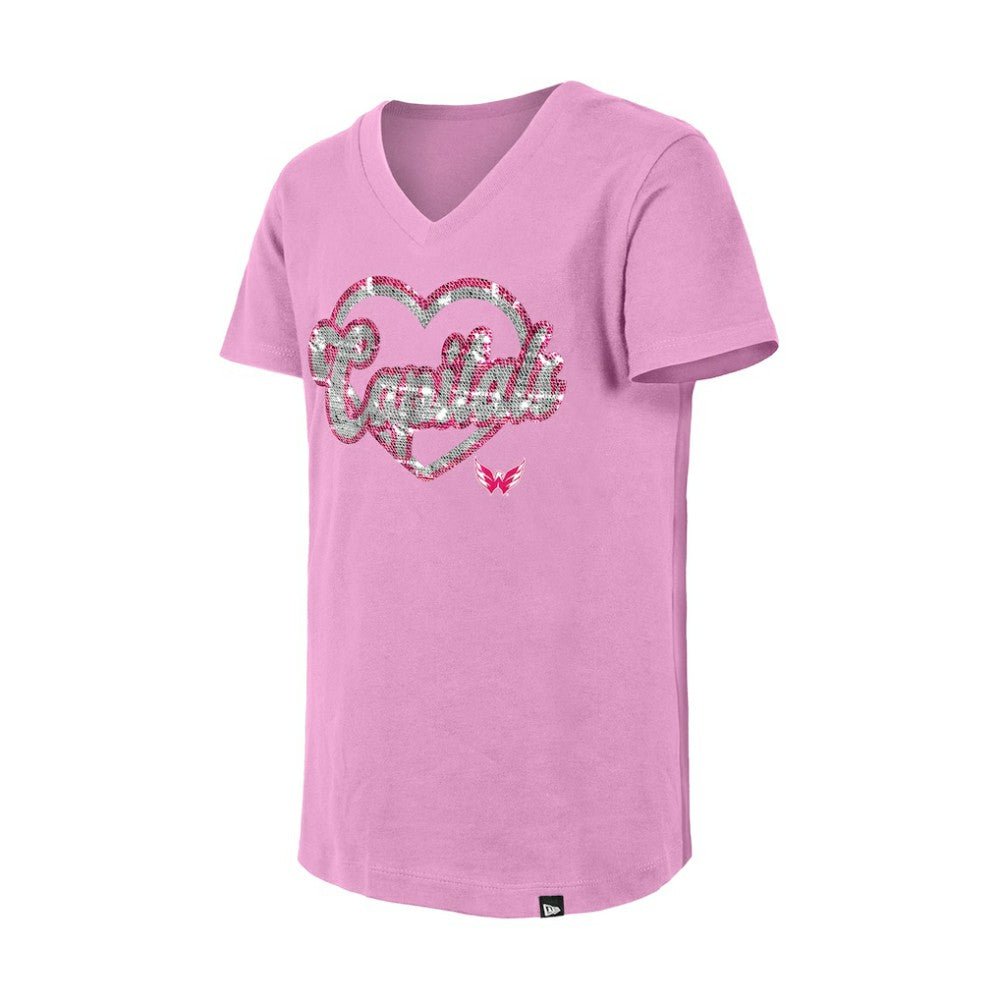 Washington Capitals New Era Girl's Youth Flip Sequin V-Neck T-Shirt Pink