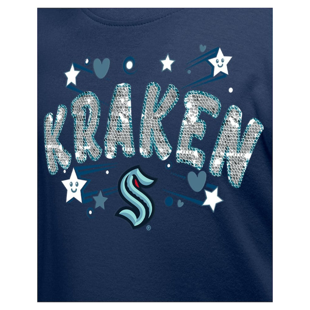 Seattle Kraken New Era Girl's Youth Flip Sequin T-Shirt Deep Sea Blue