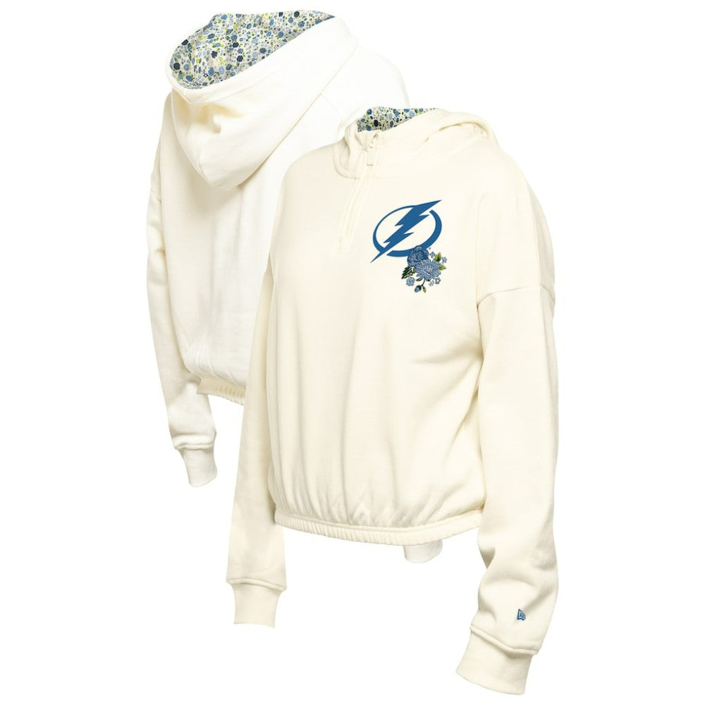 Tampa Bay Lightning New Era Women's Glam Game Quarter-Zip Cropped Floral Hoodie Pullover Cream