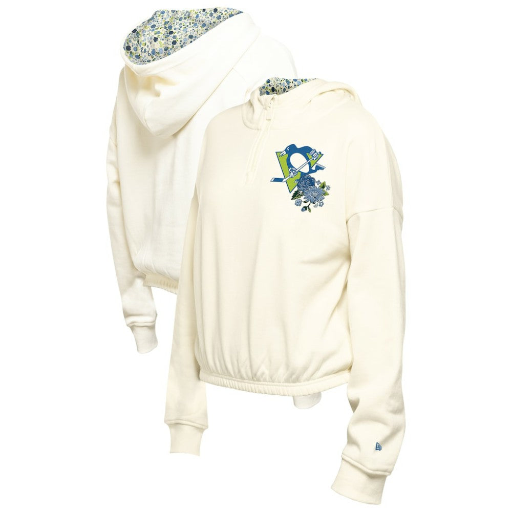Pittsburgh Penguins New Era Women's Glam Game Quarter-Zip Cropped Floral Hoodie Pullover Cream