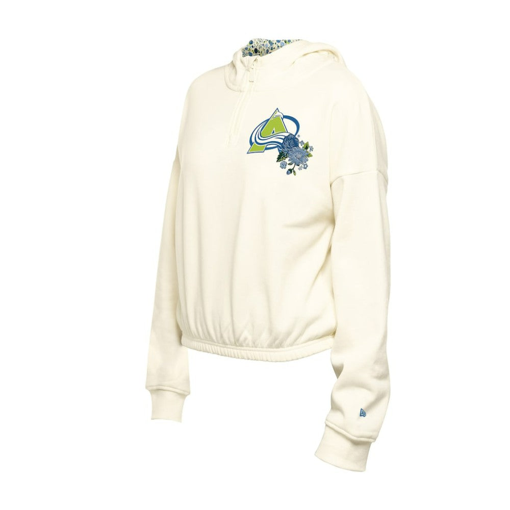 Colorado Avalanche New Era Women's Glam Game Quarter-Zip Cropped Floral Hoodie Pullover Cream