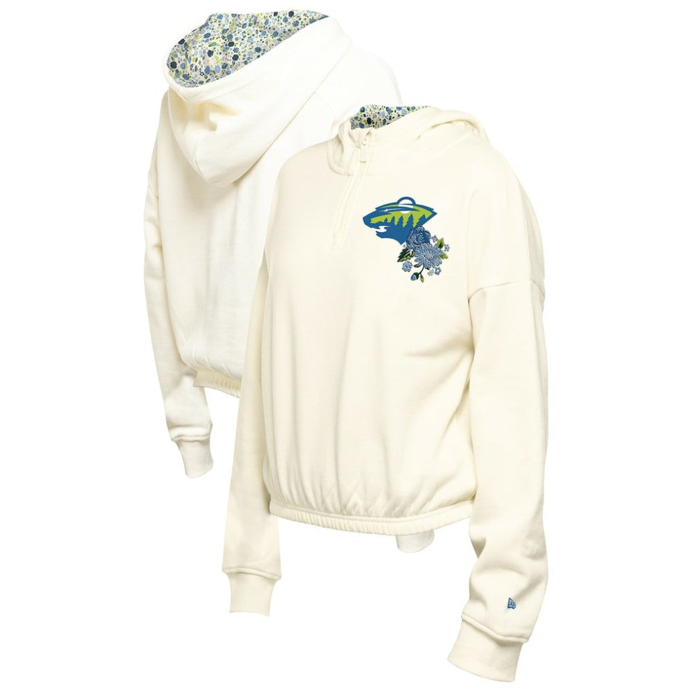Minnesota Wild New Era Women's Glam Game Quarter-Zip Cropped Floral Hoodie Pullover Cream
