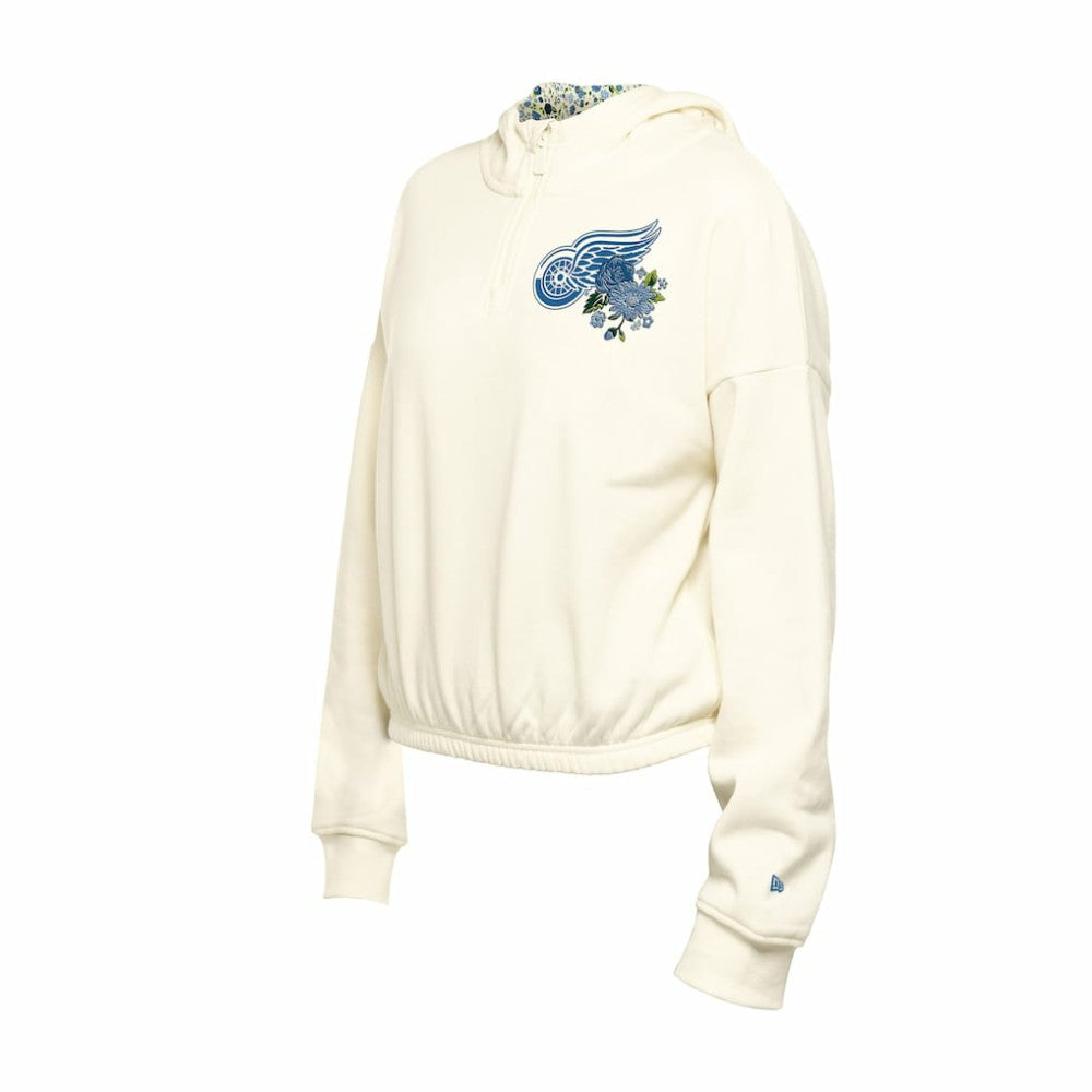 Detroit Red Wings New Era Women's Glam Game Quarter-Zip Cropped Floral Hoodie Pullover Cream