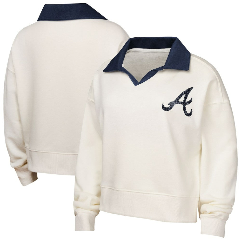 Atlanta Braves Girls Youth Ballpark Hit Collared V-Neck Pullover Sweatshirt White