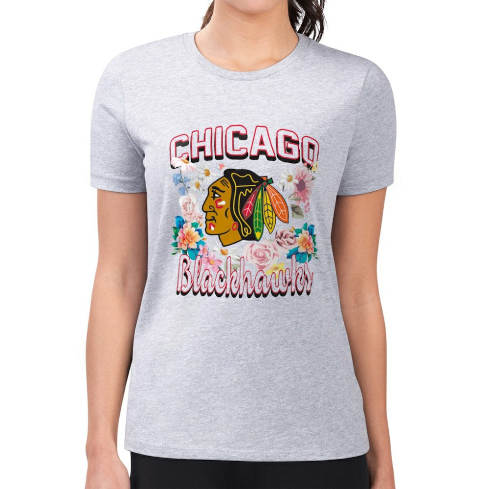 Chicago Blackhawks G-III 4Her by Carl Banks Women's Super-Slim Fit Lightweight Flower Logo T-Shirt Heather Gray