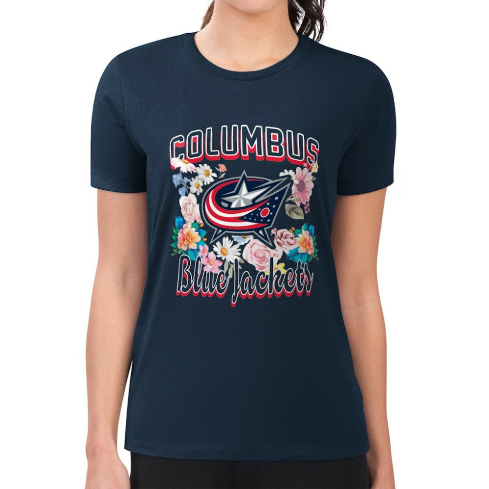 Columbus Blue Jackets G-III 4Her by Carl Banks Women's Super-Slim Fit Lightweight Flower Logo T-Shirt Navy
