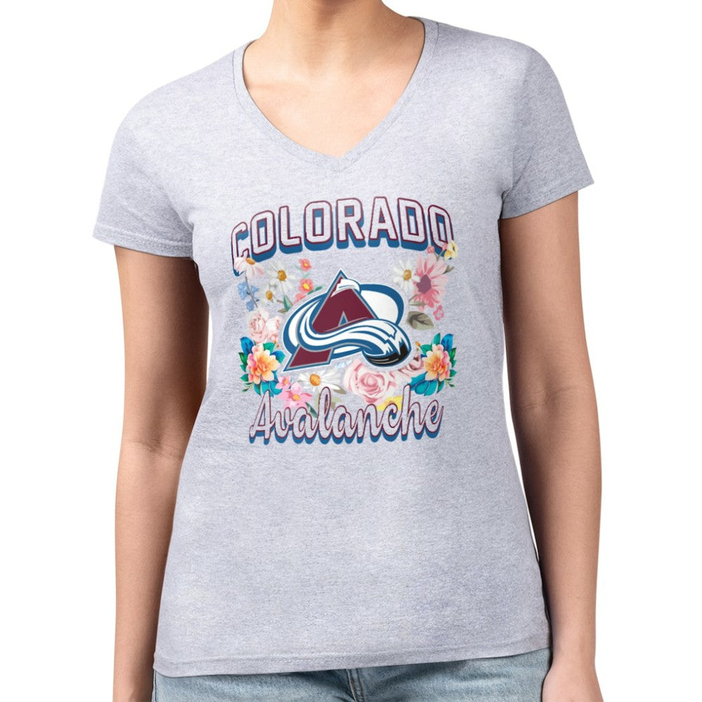 Colorado Avalanche G-III 4Her by Carl Banks Women's Super-Slim Fit Lightweight Flower Logo V-Neck T-Shirt Heather Gray