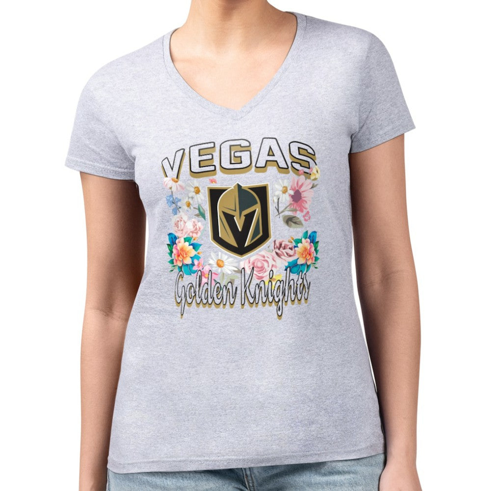 Vegas Golden Knights G-III 4Her by Carl Banks Women's Super-Slim Fit Lightweight Flower Logo V-Neck T-Shirt Heather Gray
