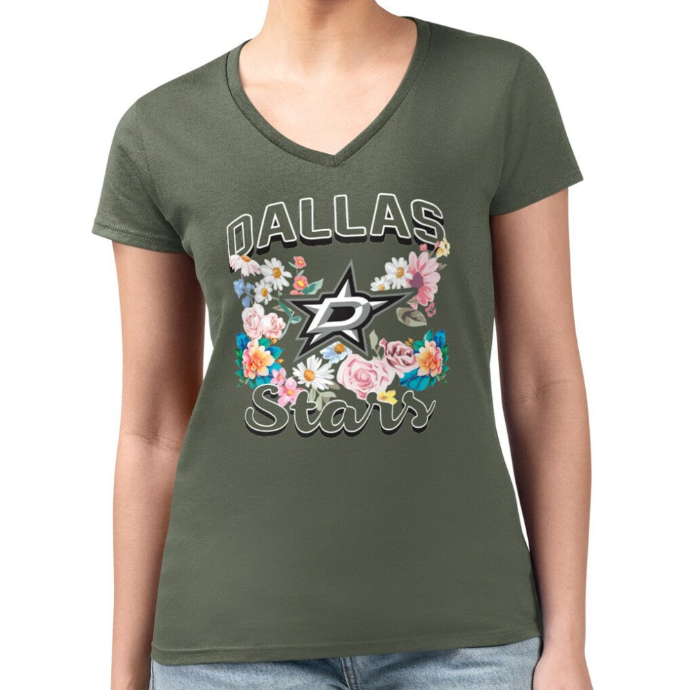 Dallas Stars G-III 4Her by Carl Banks Women's Super-Slim Fit Lightweight Flower Logo V-Neck T-Shirt Green