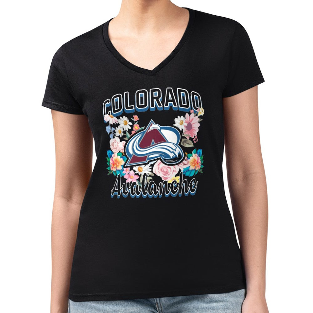 Colorado Avalanche G-III 4Her by Carl Banks Women's Super-Slim Fit Lightweight Flower Logo V-Neck T-Shirt Black