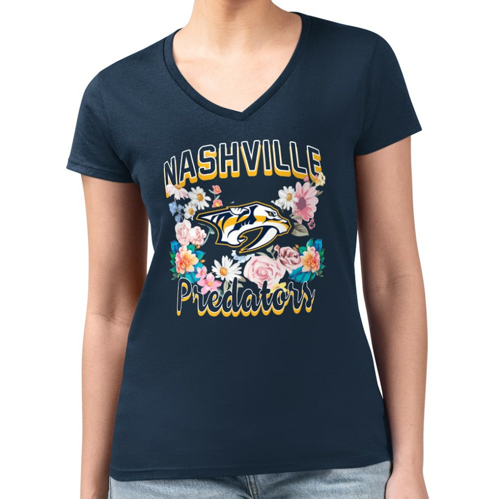 Nashville Predators G-III 4Her by Carl Banks Women's Super-Slim Fit Lightweight Flower Logo V-Neck T-Shirt Navy