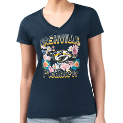Nashville Predators G-III 4Her by Carl Banks Women's Super-Slim Fit Lightweight Flower Logo V-Neck T-Shirt Navy