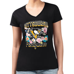 Pittsburgh Penguins G-III 4Her by Carl Banks Women's Super-Slim Fit Lightweight Flower Logo V-Neck T-Shirt Black