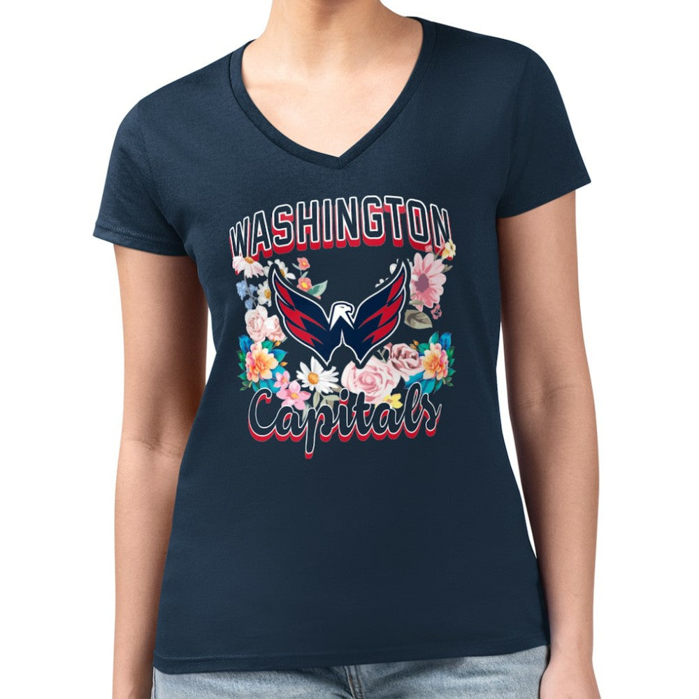 Washington Capitals G-III 4Her by Carl Banks Women's Super-Slim Fit Lightweight Flower Logo V-Neck T-Shirt Navy